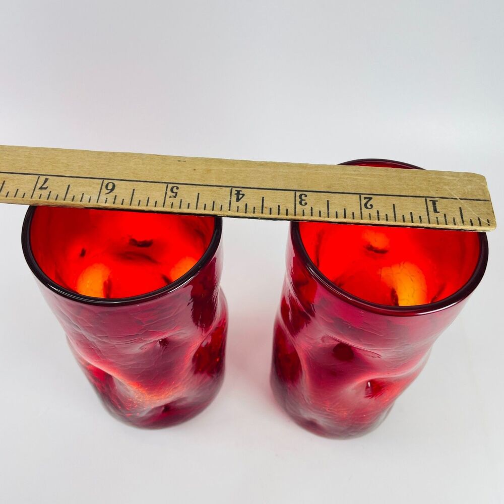 Blenko MCM Red Tangerine Amberina Crackle Pinch Dimple 6" Tumbler Glasses Pair - Picture 3 of 8